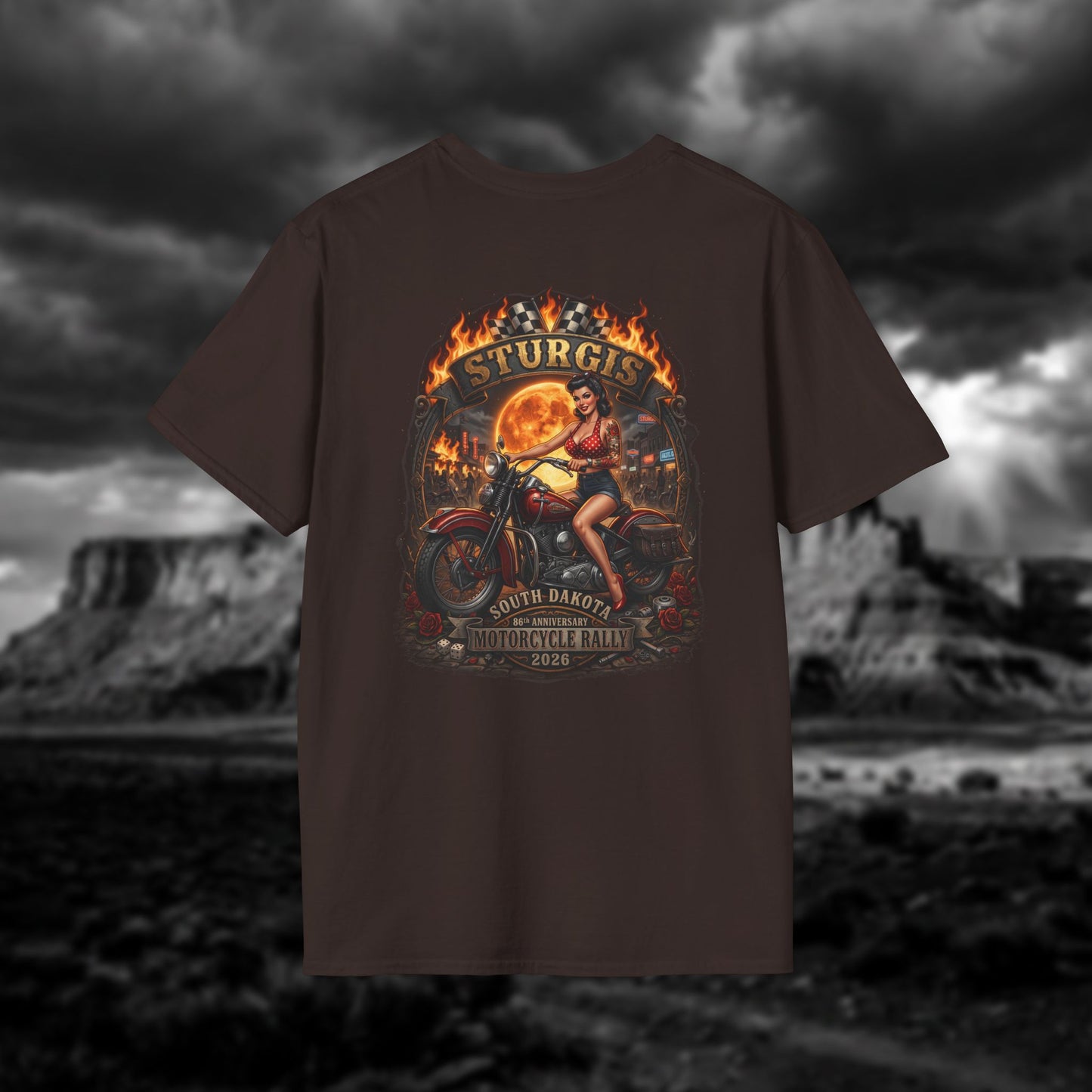86th Anniversary Sturgis 2026 T-Shirt - Pin-up Biker & Moonshine Edition