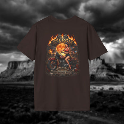 86th Anniversary Sturgis 2026 T-Shirt - Pin-up Biker & Moonshine Edition