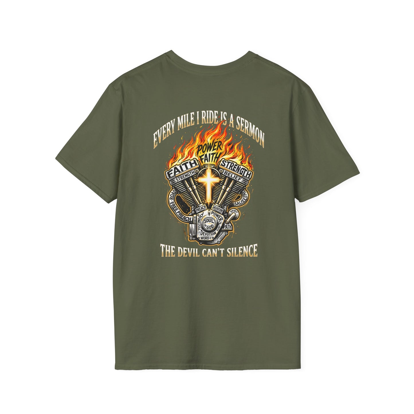 Motorcycle T-Shirt — "Every Mile I Ride Is a Sermon" Faith & Fire Biker Tee