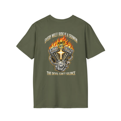 Motorcycle T-Shirt — "Every Mile I Ride Is a Sermon" Faith & Fire Biker Tee