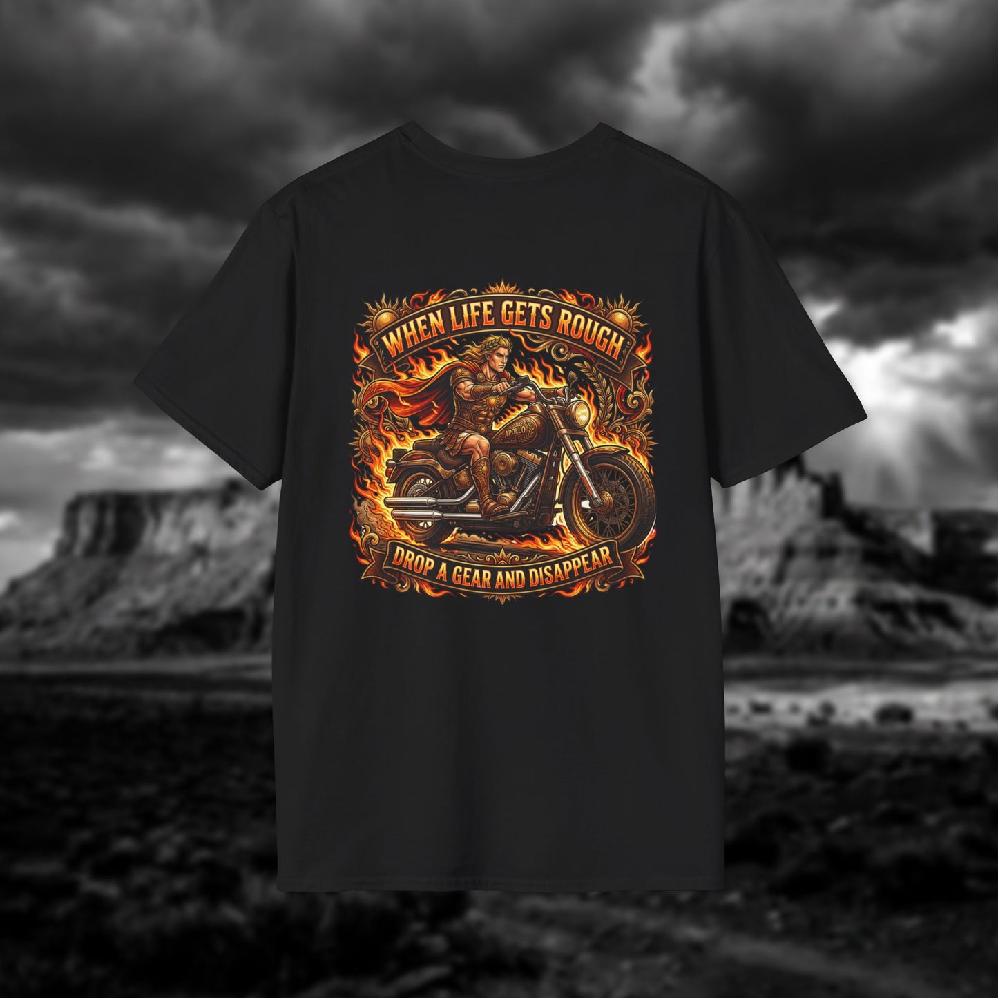 Apollo’s Chariot — "When Life Gets Rough, Drop a Gear and Disappear" Vintage Motorcycle Tee
