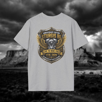 Sturgis 86 Anniversary Motorcycle T-Shirt — "Live to Ride Free"