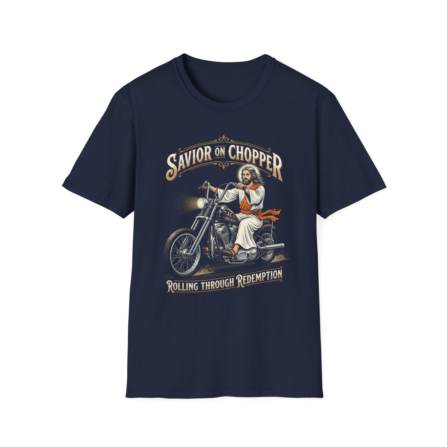 Savior on Chopper T-Shirt — 'Rolling Through Redemption' Motorcycle Jesus Tee