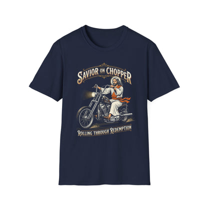 Savior on Chopper T-Shirt — 'Rolling Through Redemption' Motorcycle Jesus Tee