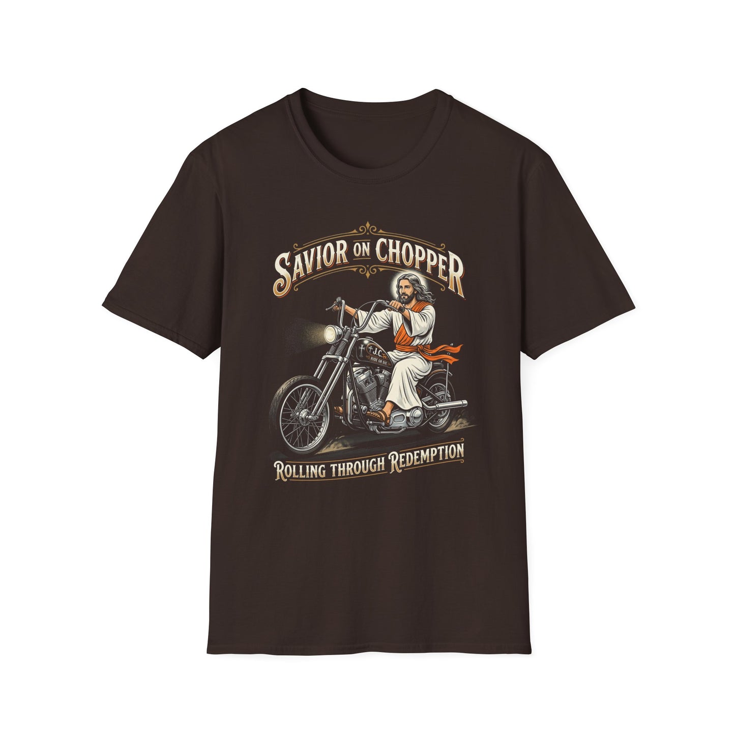 Savior on Chopper T-Shirt — 'Rolling Through Redemption' Motorcycle Jesus Tee