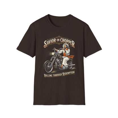 Savior on Chopper T-Shirt — 'Rolling Through Redemption' Motorcycle Jesus Tee