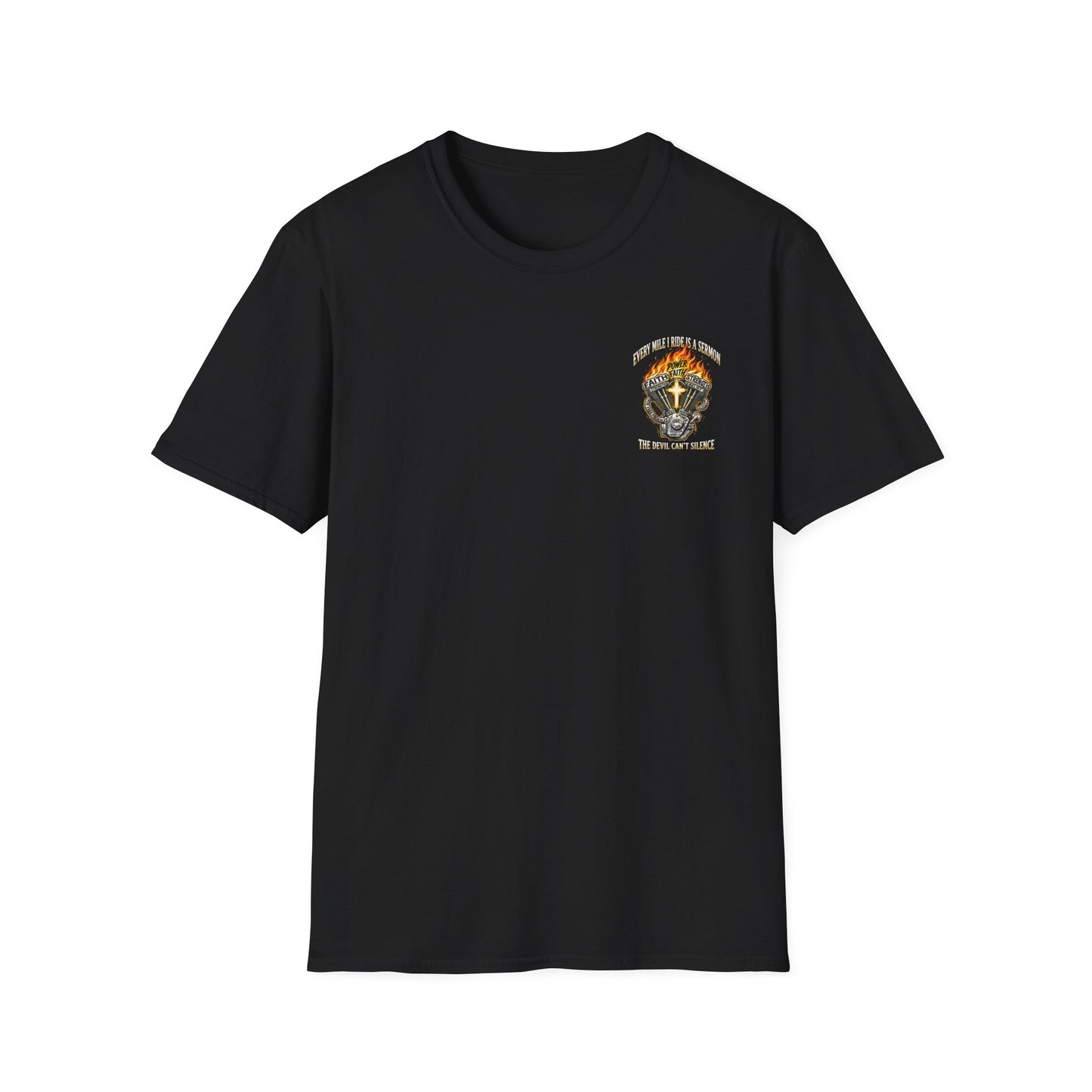 Motorcycle T-Shirt — "Every Mile I Ride Is a Sermon" Faith & Fire Biker Tee