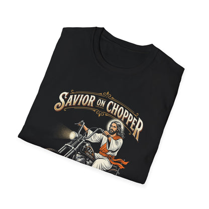 Savior on Chopper T-Shirt — 'Rolling Through Redemption' Motorcycle Jesus Tee
