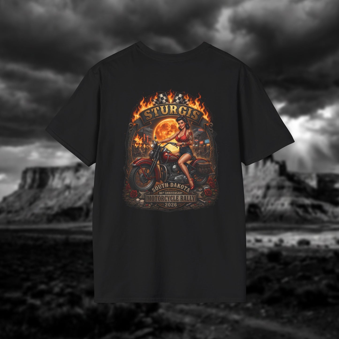 86th Anniversary Sturgis 2026 T-Shirt - Pin-up Biker & Moonshine Edition