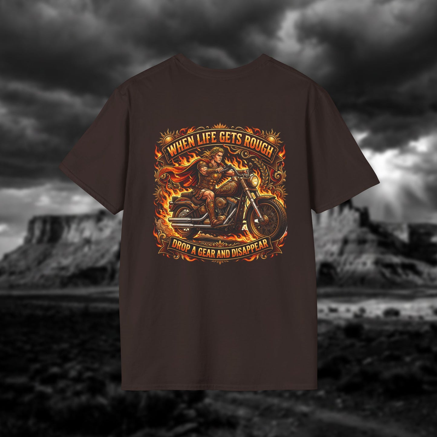 Apollo’s Chariot — "When Life Gets Rough, Drop a Gear and Disappear" Vintage Motorcycle Tee